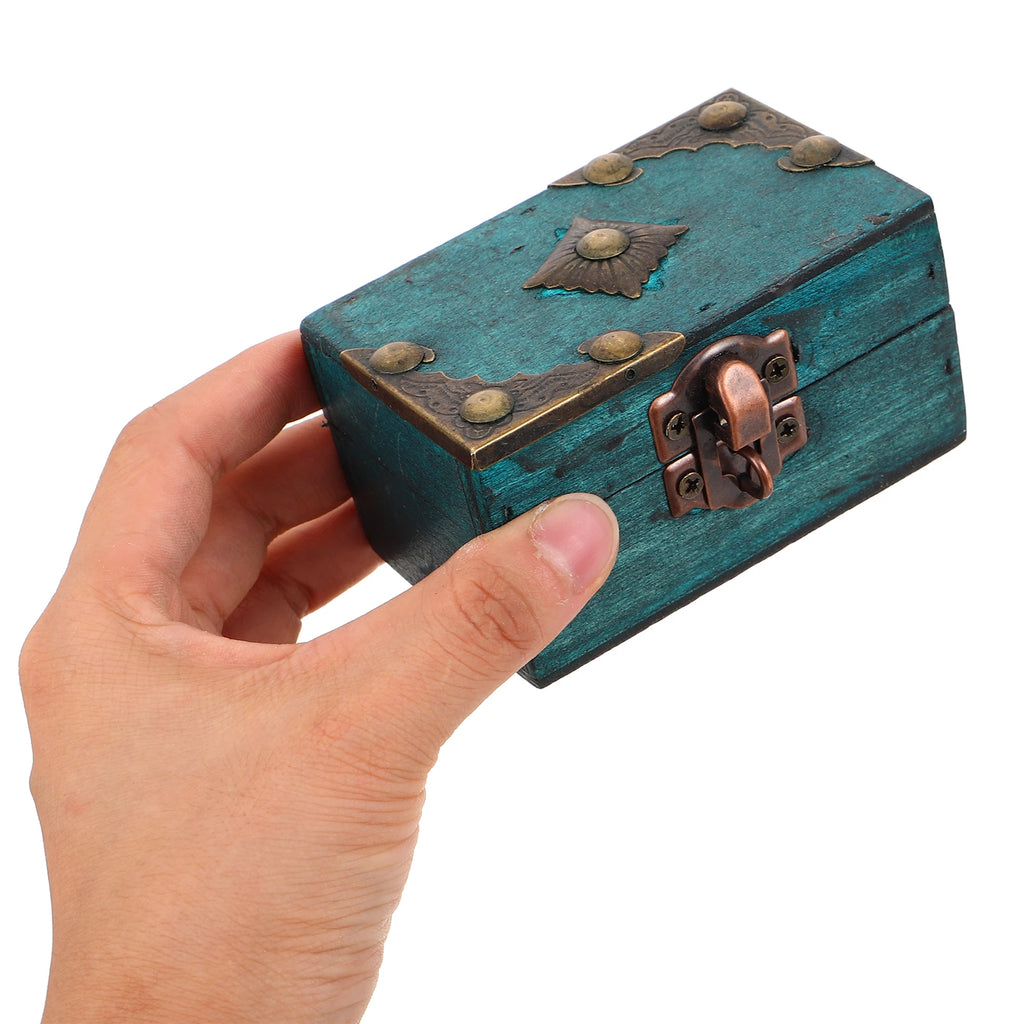 Vintage Jewelry Box Wooden Storage Boxes with Lock 9X5.5X5Cm Retro Style Treasure Chest Small Trinket Keepsake Container