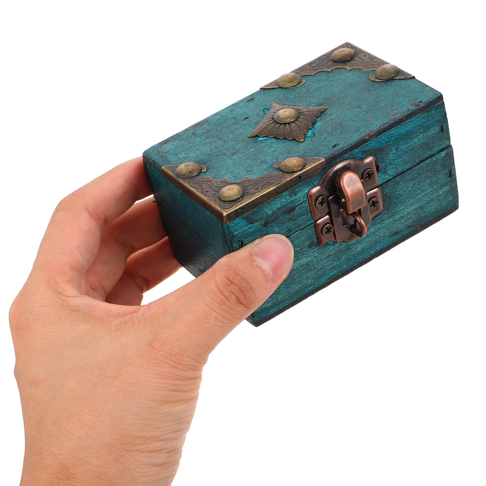 Vintage Jewelry Box Wooden Storage Boxes with Lock 9X5.5X5Cm Retro Style Treasure Chest Small Trinket Keepsake Container