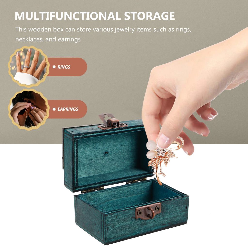 Vintage Jewelry Box Wooden Storage Boxes with Lock 9X5.5X5Cm Retro Style Treasure Chest Small Trinket Keepsake Container