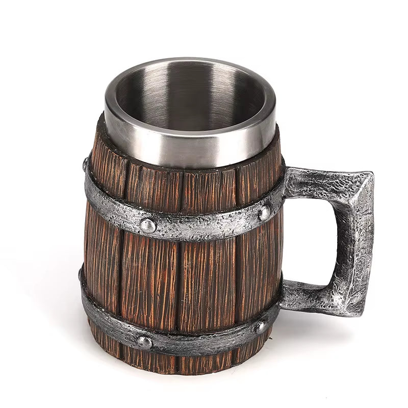 Hot-Selling Wooden Barrel Beer Mug , Large-Capacity Coffee Mug Water Bottle ,Tazas De Café with Stainless Steel