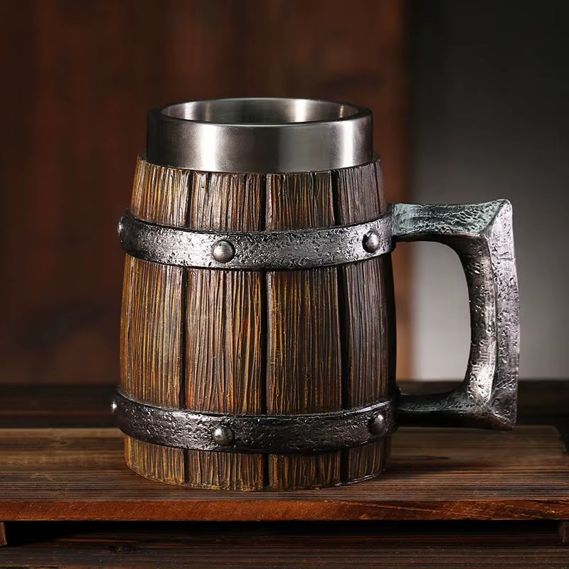 Hot-Selling Wooden Barrel Beer Mug , Large-Capacity Coffee Mug Water Bottle ,Tazas De Café with Stainless Steel