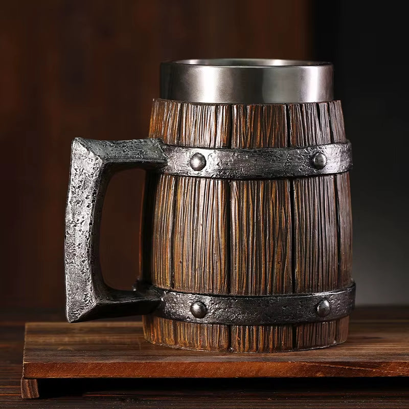 Hot-Selling Wooden Barrel Beer Mug , Large-Capacity Coffee Mug Water Bottle ,Tazas De Café with Stainless Steel