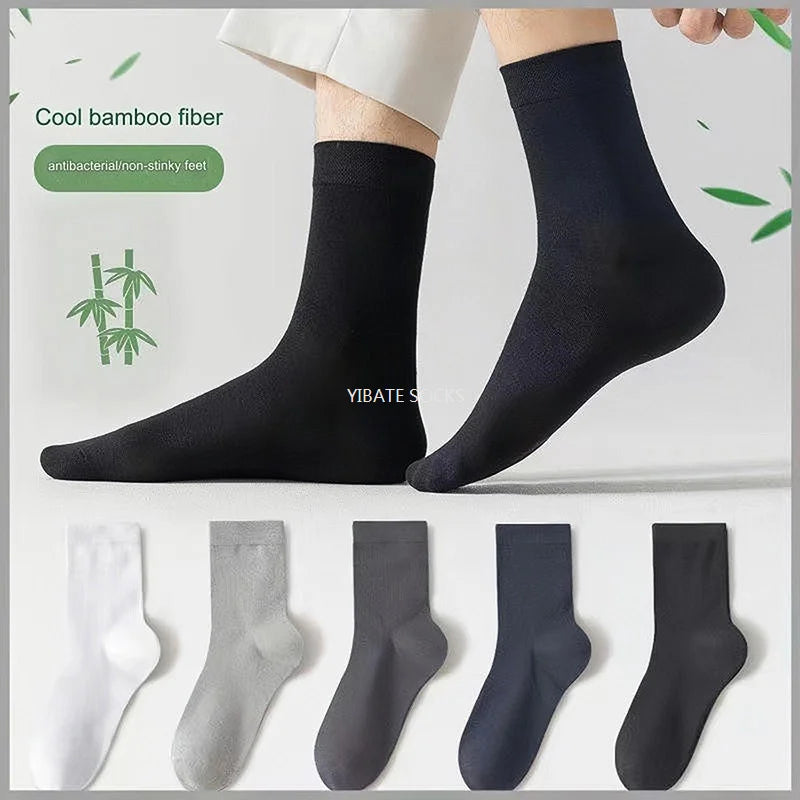 5 Pair New Men'S Bamboo Fiber Socks High Quality Solid Color Long Business Men'S Socks Fashionable Breathable Black Casual Socks