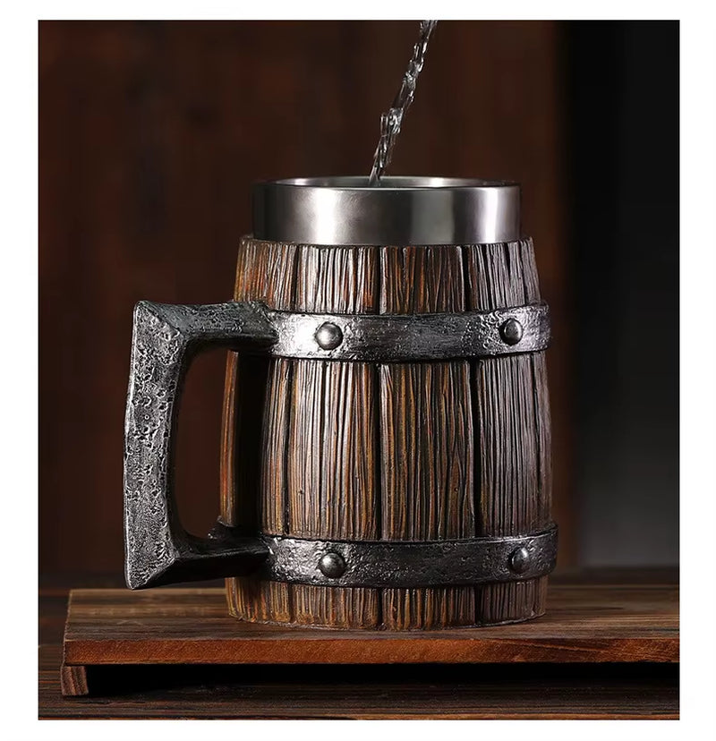 Hot-Selling Wooden Barrel Beer Mug , Large-Capacity Coffee Mug Water Bottle ,Tazas De Café with Stainless Steel