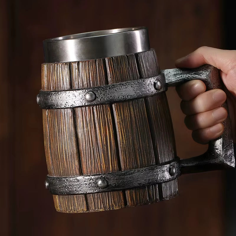 Hot-Selling Wooden Barrel Beer Mug , Large-Capacity Coffee Mug Water Bottle ,Tazas De Café with Stainless Steel